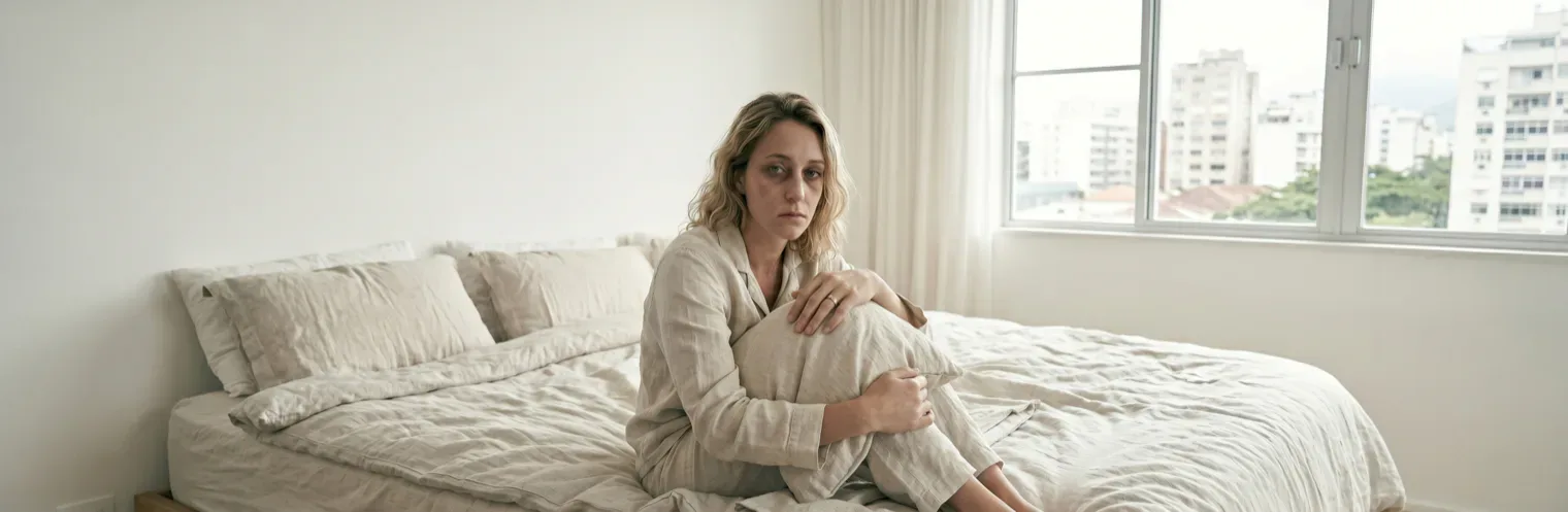 Mulher deitada na cama com dificuldade para dormir, ilustrando distúrbio do sono