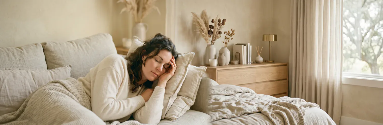 Mulher com expressão de dor segurando a cabeça, representando crise de enxaqueca