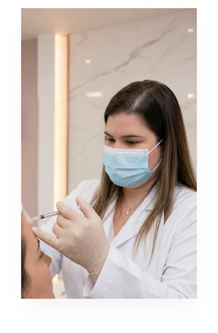 Profissional de saúde preparando aplicação de toxina botulínica para tratamento de enxaqueca